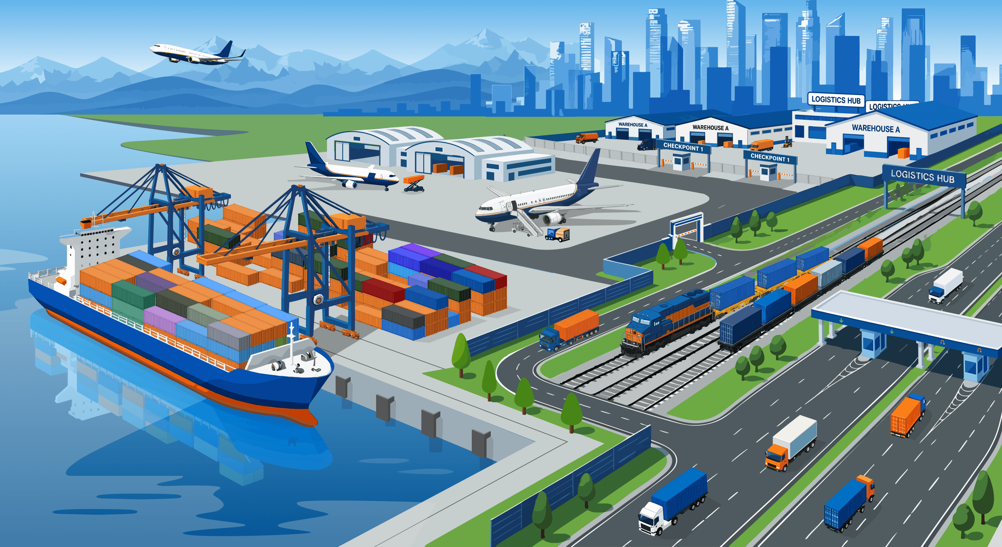 Port with trucks and ships and airplanes