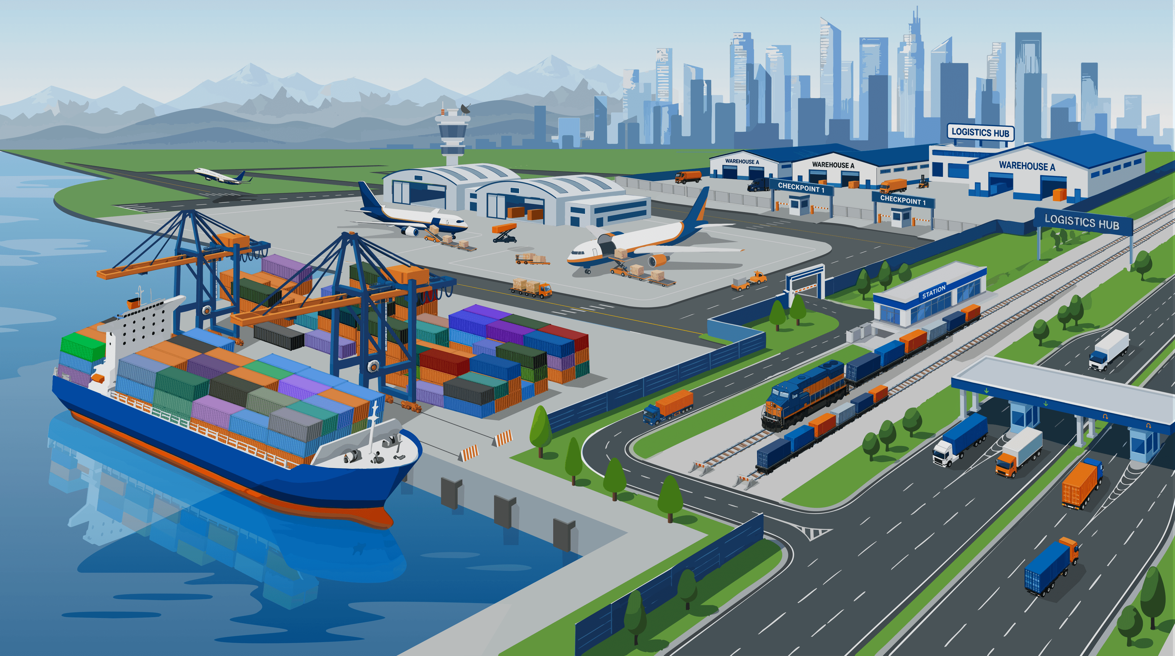 Port with trucks and ships and airplanes